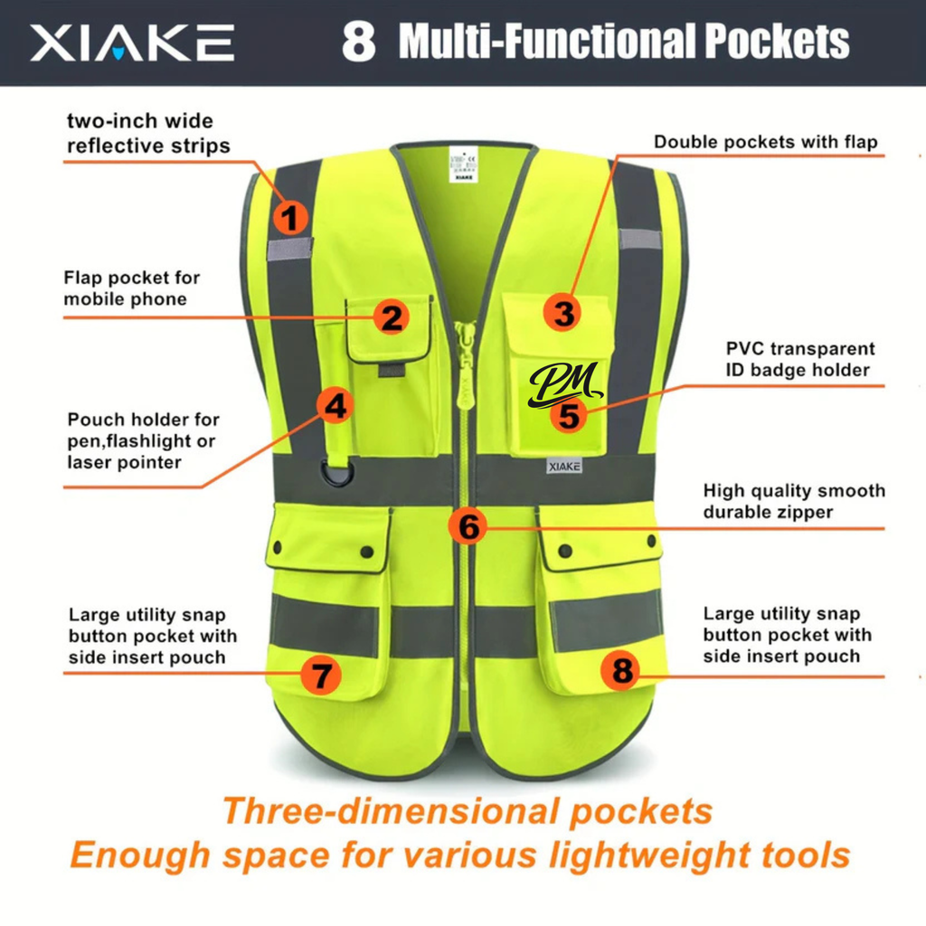 High-Visibility Safety Vest – 8 Pockets, Adjustable & Durable
