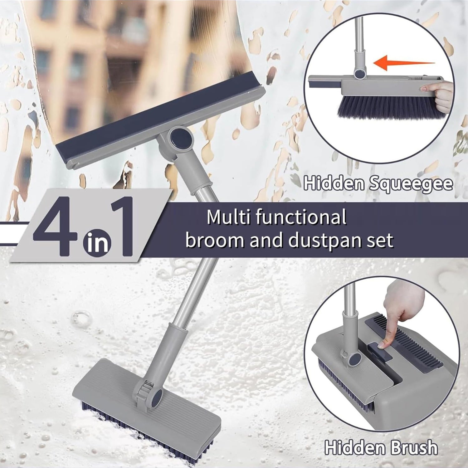4-in-1 Broom & Dustpan Set – Long Handle, Multi-Surface Cleaning