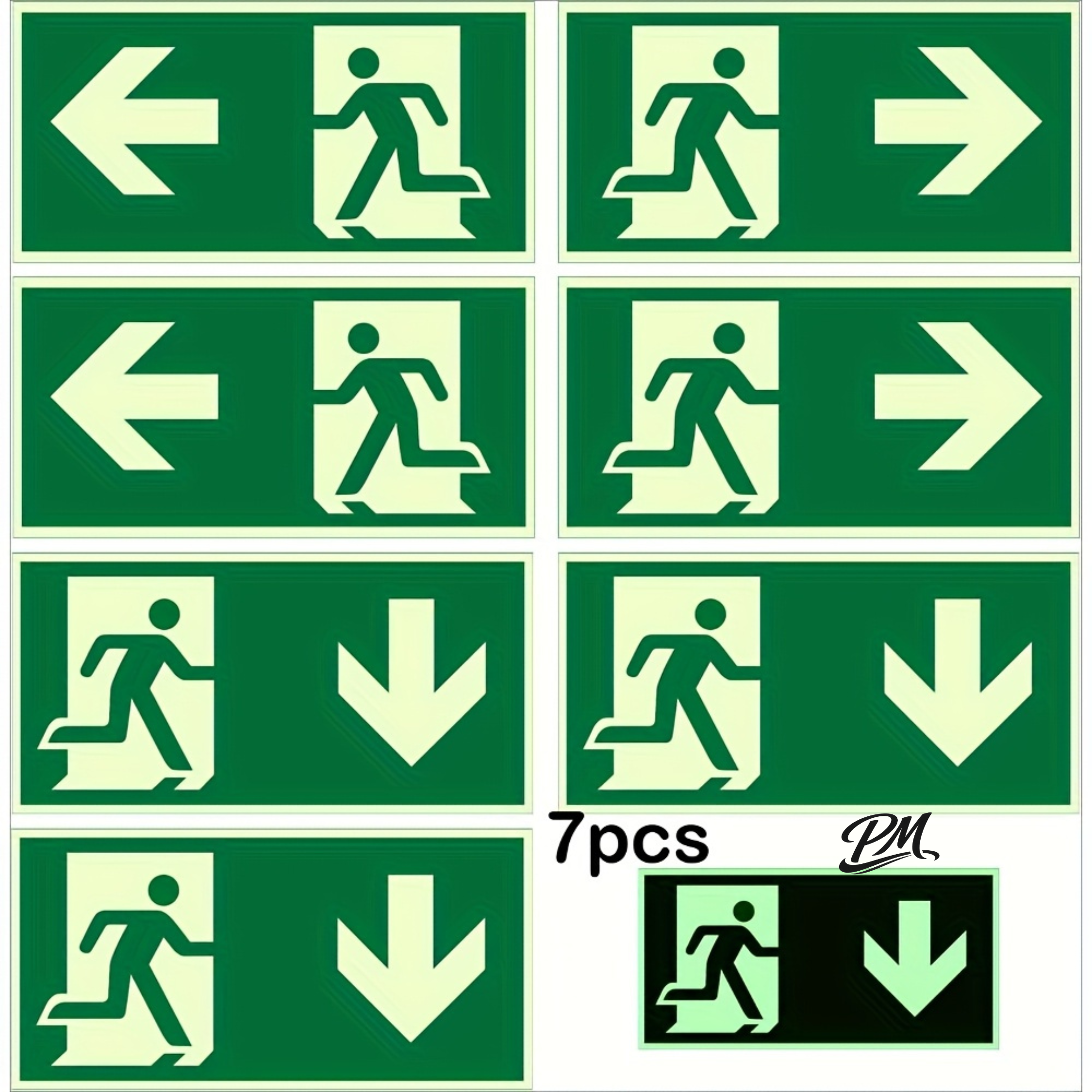 7 Glow-in-the-Dark Exit Signs – 30x15cm, Fire Safety for Hotels & Offices