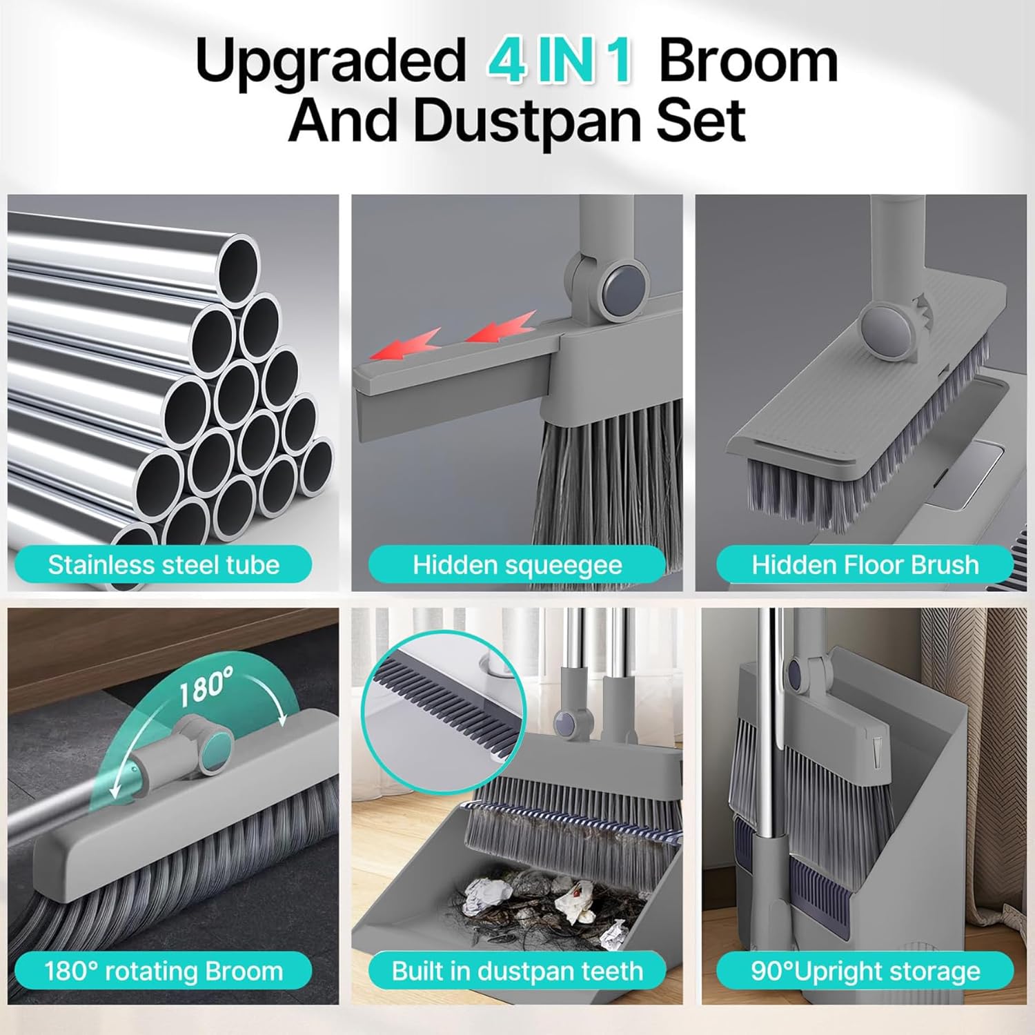 4-in-1 Broom & Dustpan Set – Long Handle, Multi-Surface Cleaning